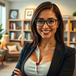 A portrait of an athletic brunette psychiatrist with B-cup breasts, wearing glasses, and exuding confidence