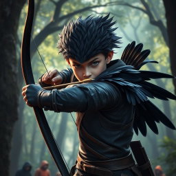 A raven-headed boy with striking black feathers instead of hair, dressed as an archer