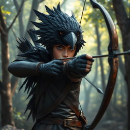 A raven-headed boy with striking black feathers instead of hair, dressed as an archer