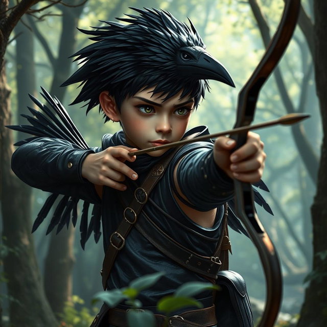 A raven-headed boy with striking black feathers instead of hair, dressed as an archer