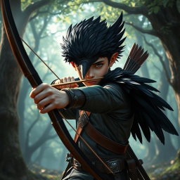 A raven-headed boy with striking black feathers instead of hair, dressed as an archer
