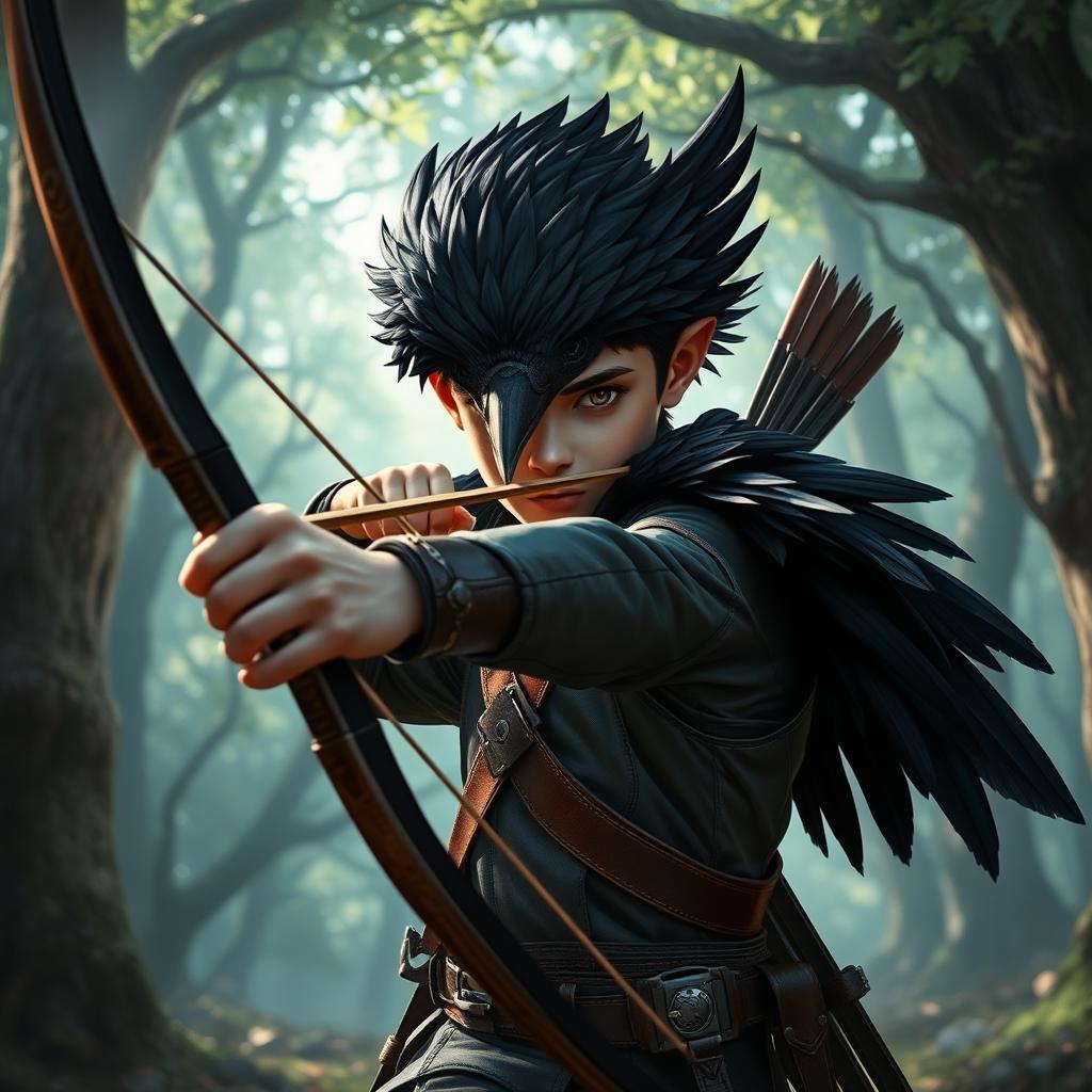 A raven-headed boy with striking black feathers instead of hair, dressed as an archer