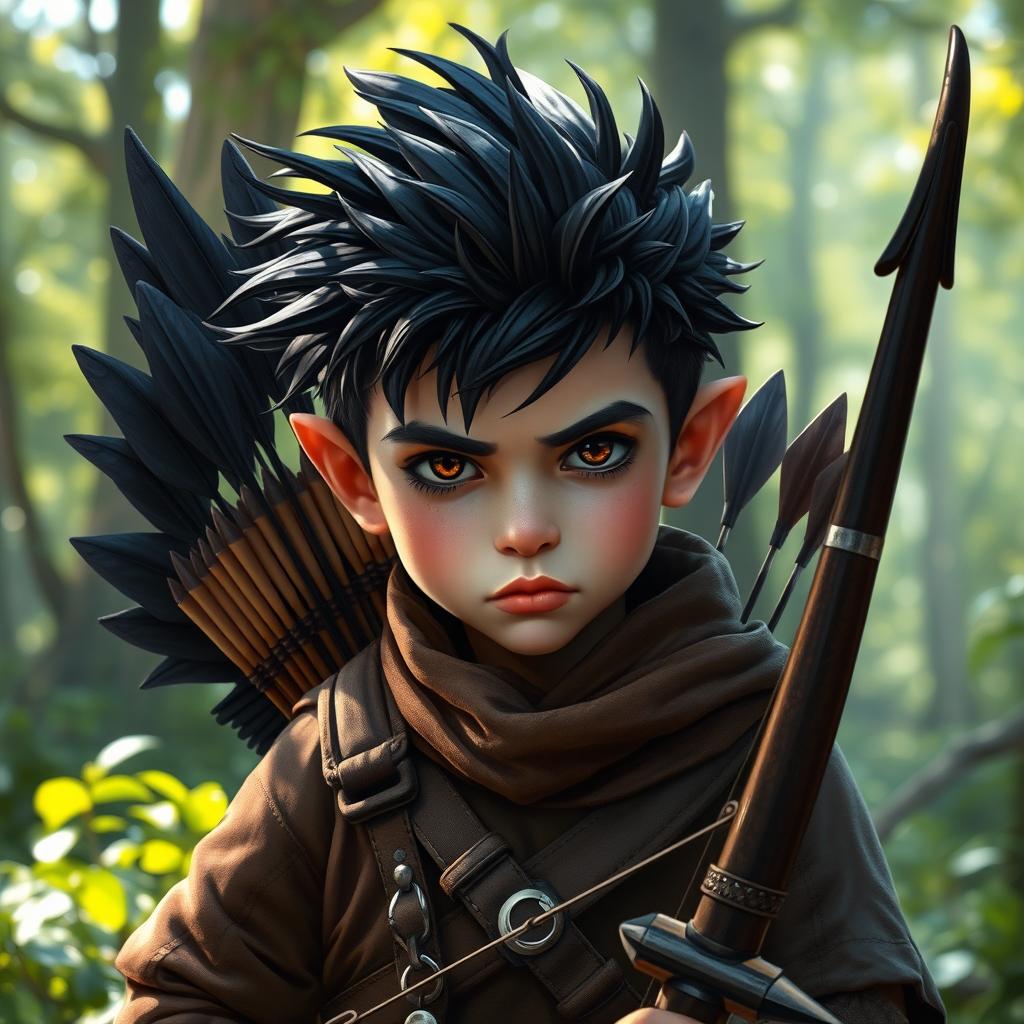 A mysterious boy with raven-like features, including dark, glossy black feathers peeking from his head, showcasing a unique and striking appearance