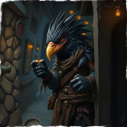 A highly detailed and artistic representation of a Kenku, a bird-like humanoid creature from fantasy settings