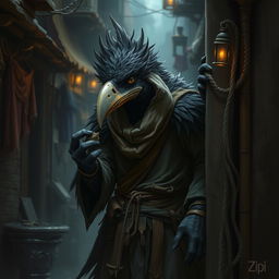 A highly detailed and artistic representation of a Kenku, a bird-like humanoid creature from fantasy settings