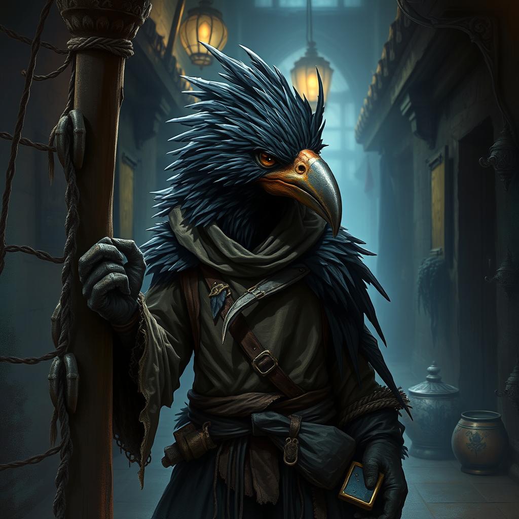 A highly detailed and artistic representation of a Kenku, a bird-like humanoid creature from fantasy settings