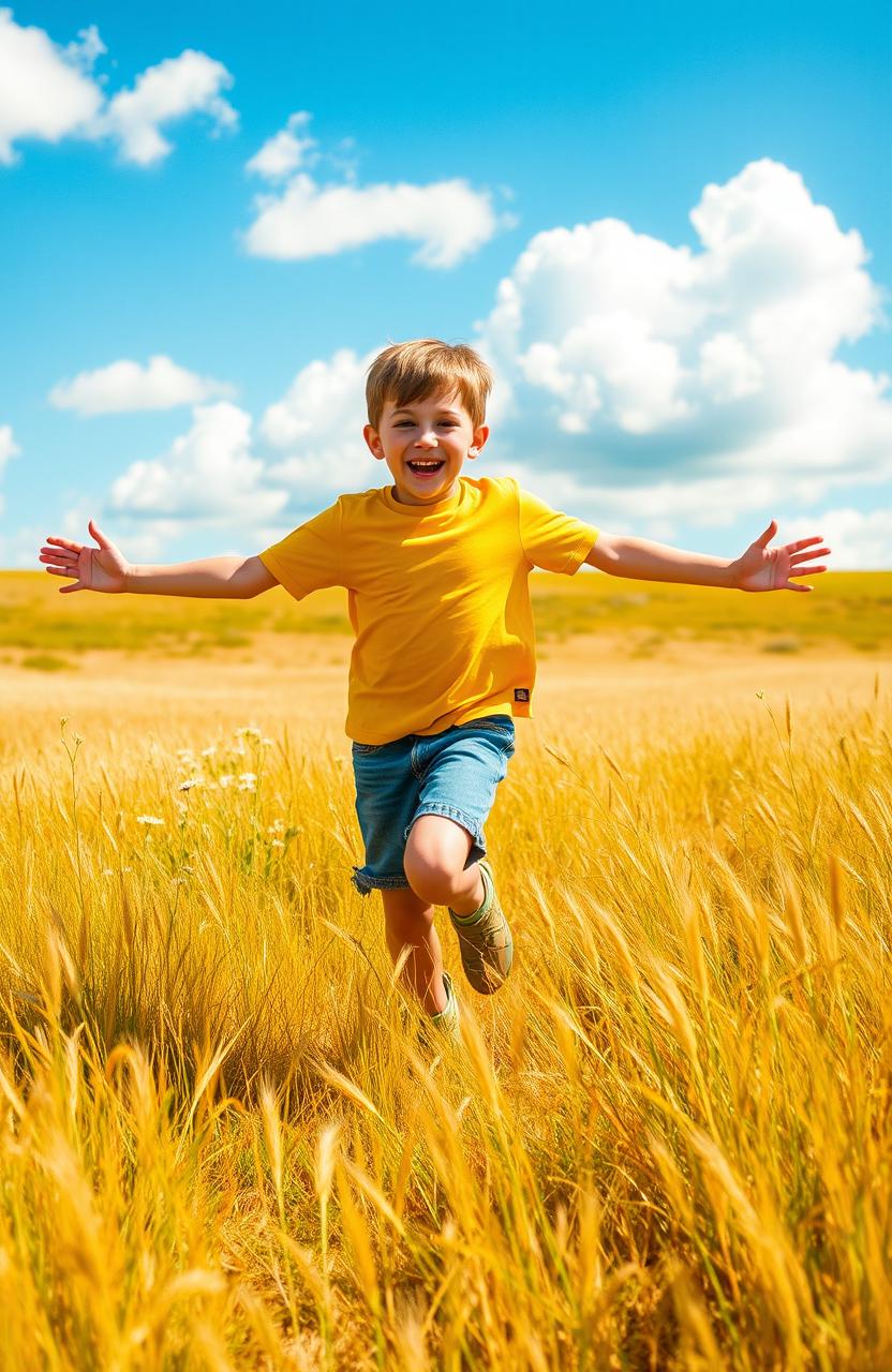 A picturesque landscape of golden fields basking under a warm sun, with a joyful 12-year-old boy playing in the lush grass