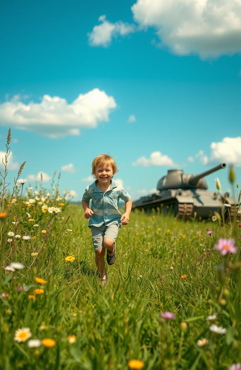 A picturesque summer field scene featuring a 12-year-old boy joyfully playing in a vibrant green meadow, with wildflowers scattered throughout