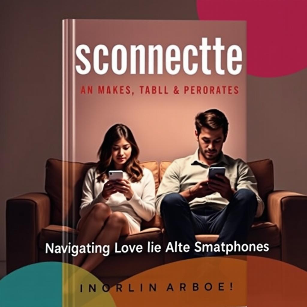A book cover featuring a couple sitting together on a couch, each engrossed in their smartphones, with a dimly lit room creating an intimate yet disconnected atmosphere