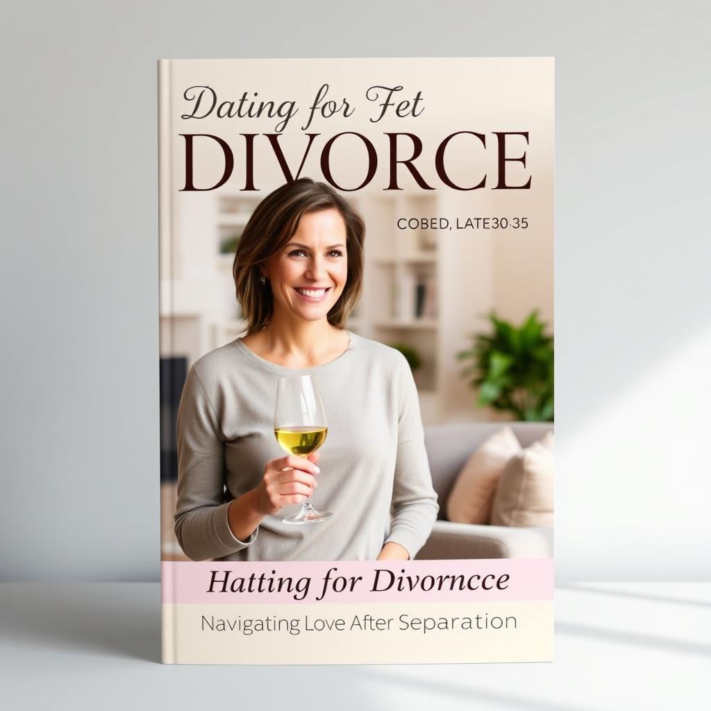 A book cover design for 'Dating for Divorce', featuring a confident woman in her late 30s, smiling while holding a glass of wine in a cozy, modern living room setting