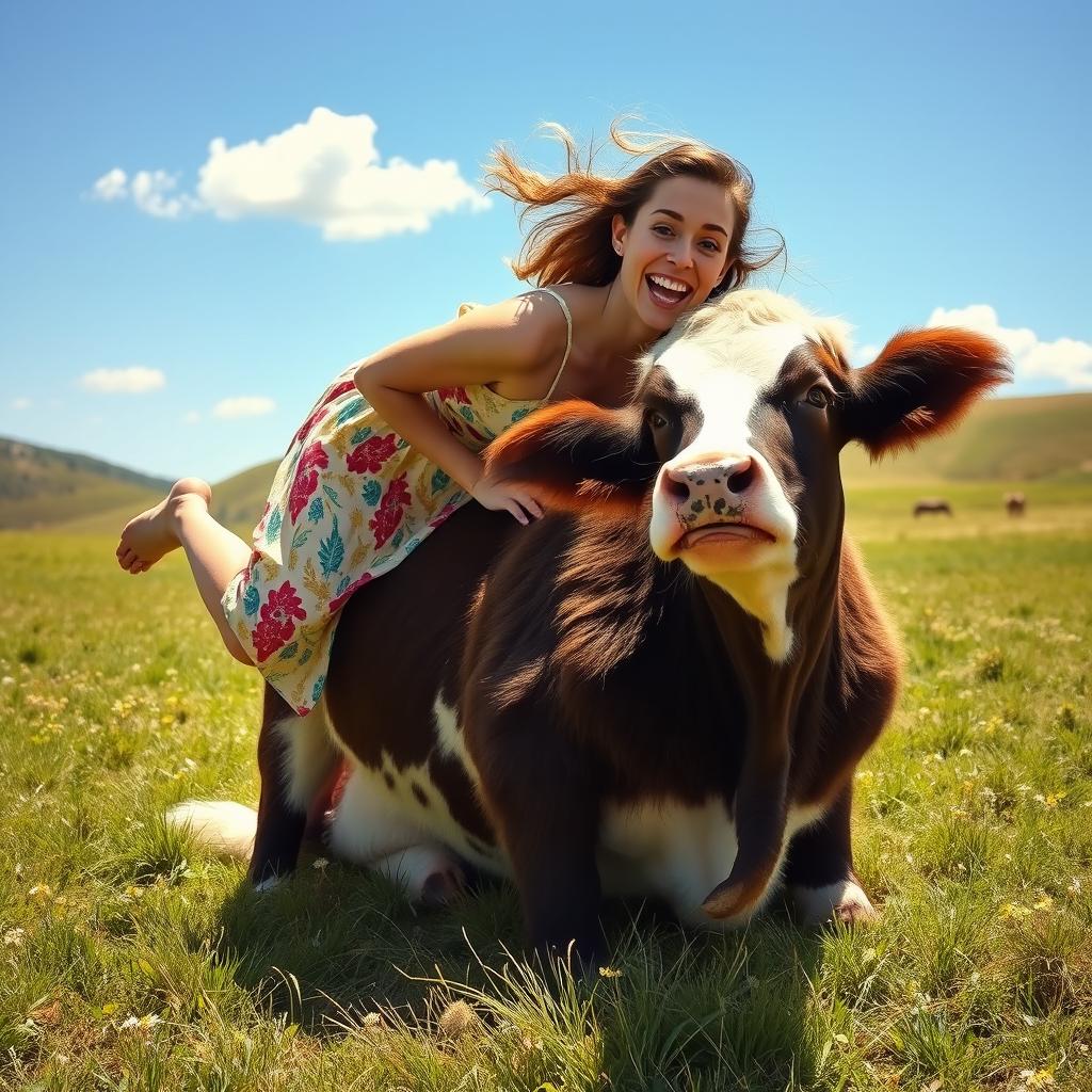 A humorous scene depicting a woman playfully falling onto a large, fluffy cow in a bright, sunny pasture