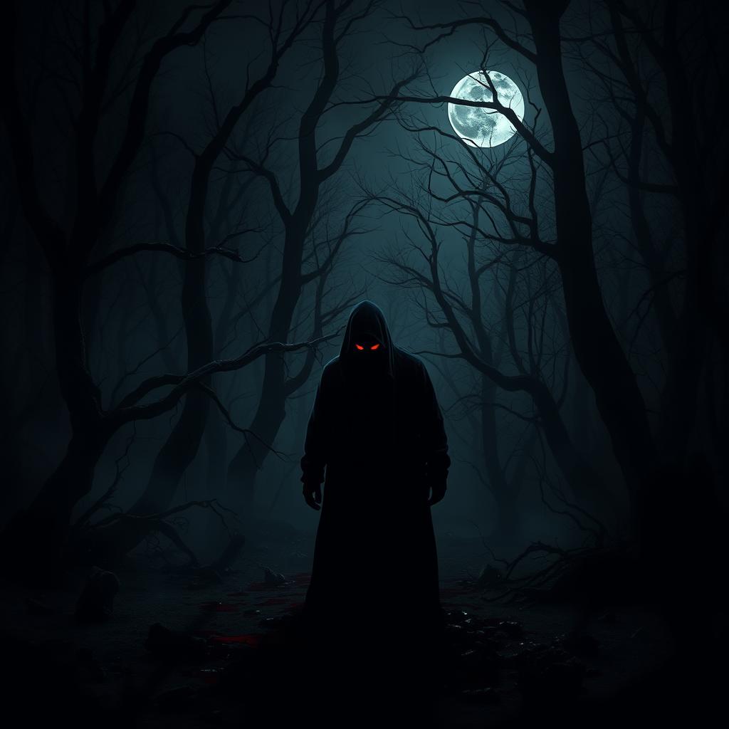 A dark, atmospheric scene set in a shadowy forest at night