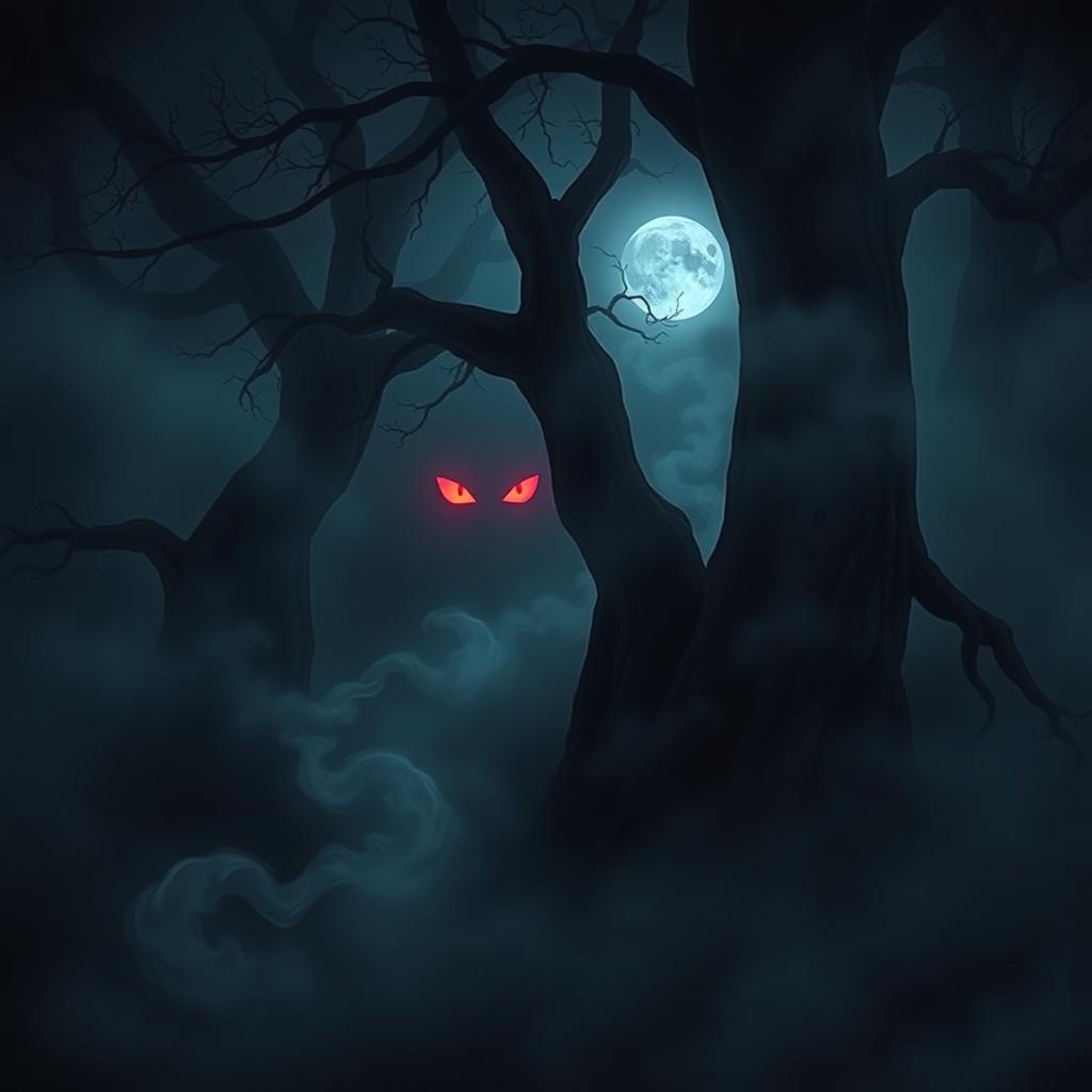 A captivating and eerie scene featuring glowing red eyes peering out from a dense, shadowy mist