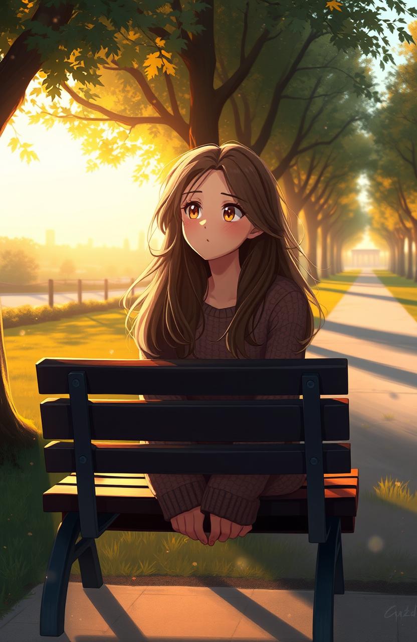 A beautiful digital painting of a girl sitting alone on a park bench, her expression thoughtful and melancholic as she remembers her boyfriend who is far away