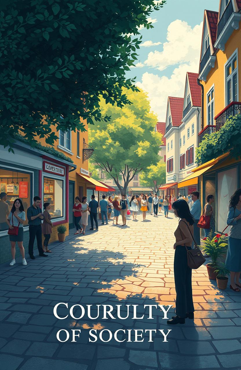 A thought-provoking cover illustration that subtly conveys the cruelty of society, featuring a serene facade of an idyllic town square filled with cheerful people engaging in activities like shopping and conversing