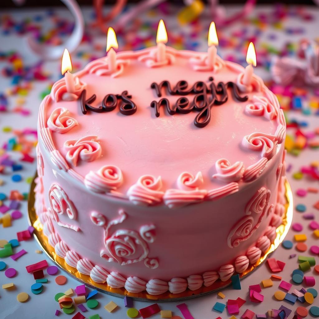 A beautifully decorated birthday cake featuring elegant frosting designs