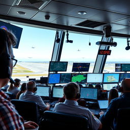 A vibrant and busy air traffic control room bustling with activity
