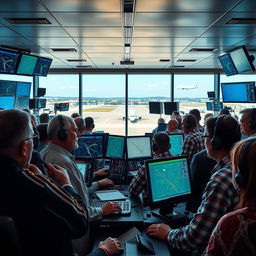 A vibrant and busy air traffic control room bustling with activity