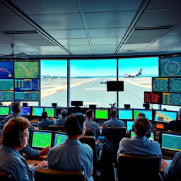 A vibrant and busy air traffic control room bustling with activity