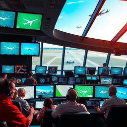 A vibrant and busy air traffic control room bustling with activity