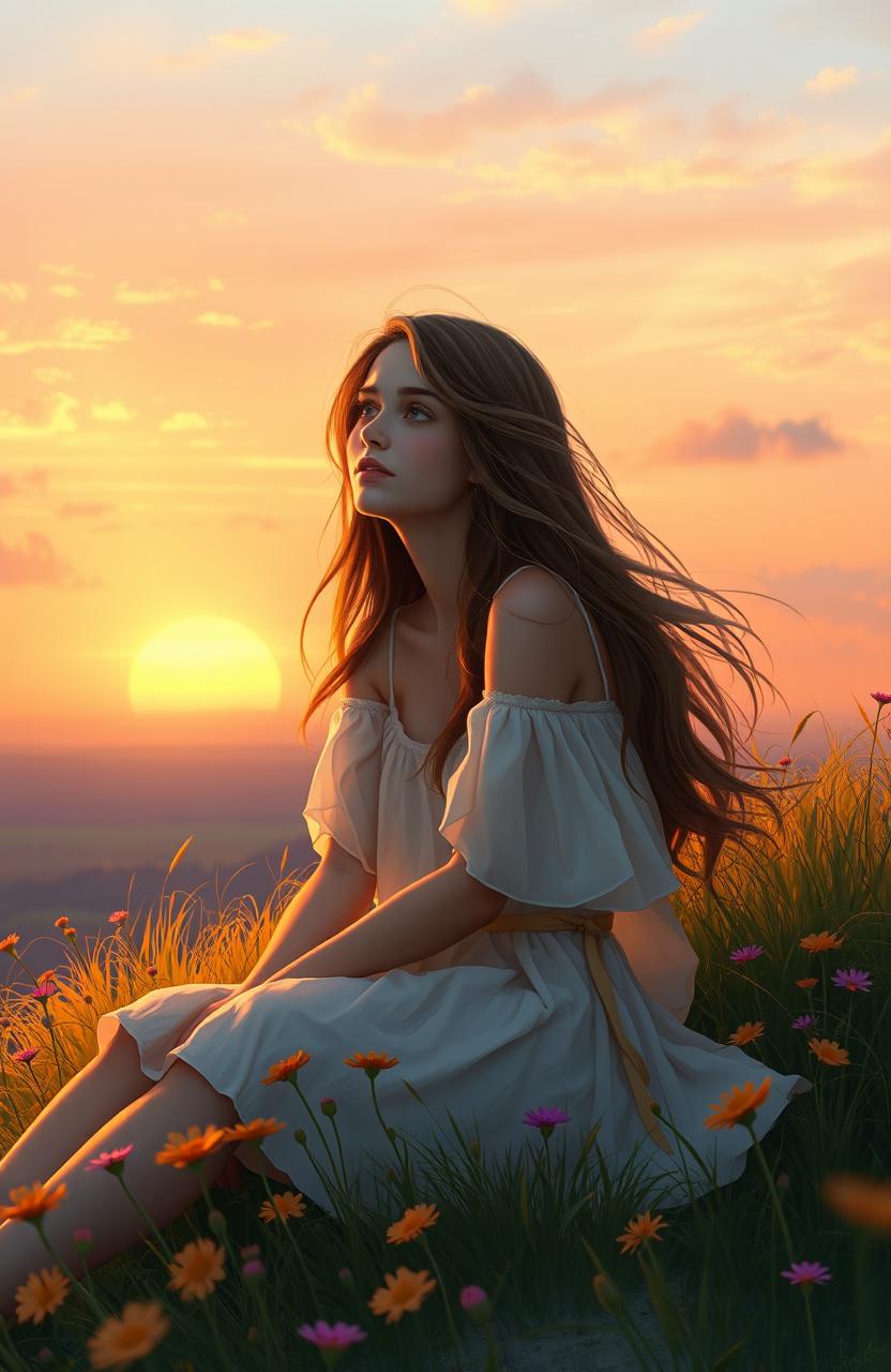 A beautiful digital painting featuring a young woman with long flowing hair, sitting on a grassy hill at sunset