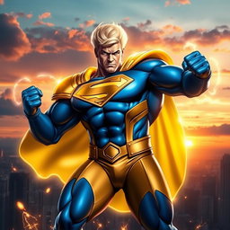 A powerful superhero inspired by the Marvel character Sentry, featuring a tall and muscular man with bright blonde hair and a glowing, golden aura surrounding him