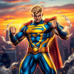 A powerful superhero inspired by the Marvel character Sentry, featuring a tall and muscular man with bright blonde hair and a glowing, golden aura surrounding him