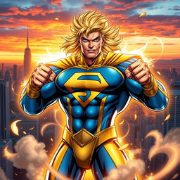A powerful superhero inspired by the Marvel character Sentry, featuring a tall and muscular man with bright blonde hair and a glowing, golden aura surrounding him