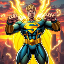 A powerful superhero inspired by the Marvel character Sentry, featuring a tall and muscular man with bright blonde hair and a glowing, golden aura surrounding him
