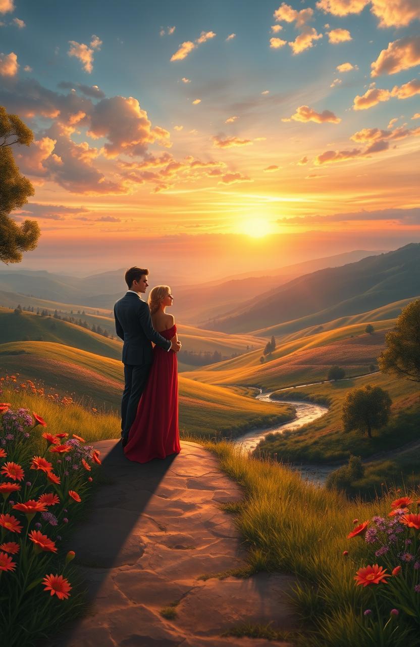 A breathtaking digital painting featuring a couple standing at a distance from each other in a stunning landscape