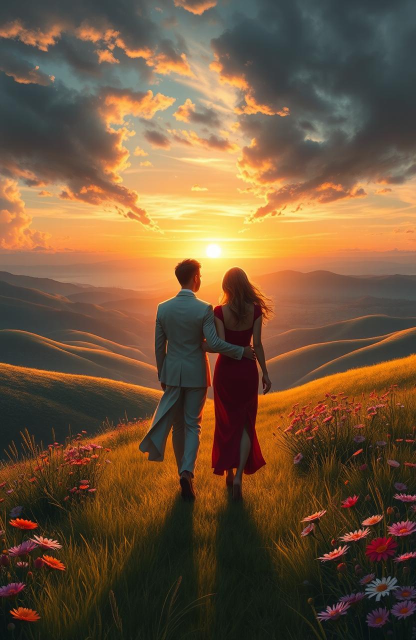 A stunning digital painting depicting a couple walking away from each other, set against a breathtaking natural landscape