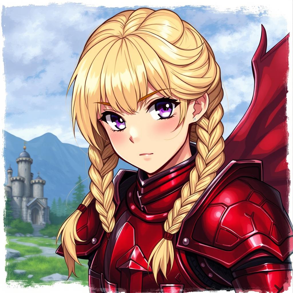 A stunning anime-style drawing of a blonde girl with braided hair and captivating lilac eyes