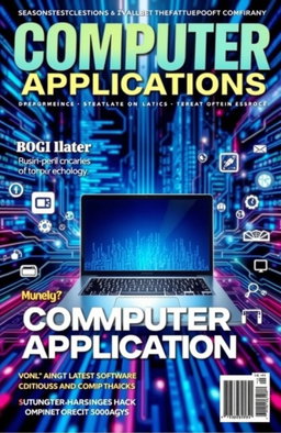 An eye-catching magazine cover for a publication titled 'Computer Applications', featuring a futuristic design with a sleek laptop and vibrant digital elements