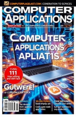 An eye-catching magazine cover for a publication titled 'Computer Applications', featuring a futuristic design with a sleek laptop and vibrant digital elements