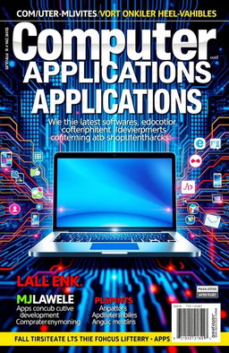 An eye-catching magazine cover for a publication titled 'Computer Applications', featuring a futuristic design with a sleek laptop and vibrant digital elements