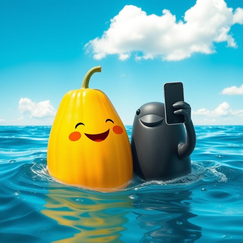 A black melon taking a selfie with a whale in the ocean, vibrant colors, playful composition, sunny day with gentle waves, the whale has a friendly expression, the melon is anthropomorphized with arms holding a smartphone, bright blue ocean backdrop, clear sky with a few fluffy clouds, sparkling water reflecting the sun, whimsical and cheerful atmosphere