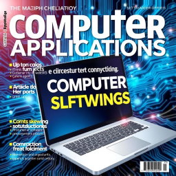 An imaginative and visually striking magazine cover for 'Computer Applications', featuring a dynamic layout that incorporates a high-tech laptop in the foreground