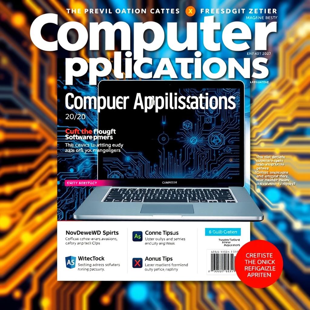 An imaginative and visually striking magazine cover for 'Computer Applications', featuring a dynamic layout that incorporates a high-tech laptop in the foreground