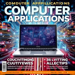 An imaginative and visually striking magazine cover for 'Computer Applications', featuring a dynamic layout that incorporates a high-tech laptop in the foreground