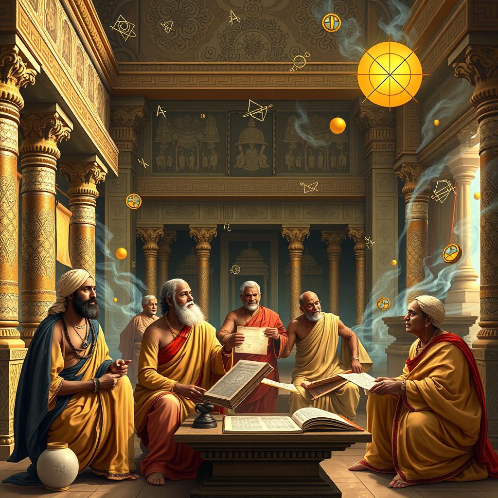 An artistic depiction of Vedic Mathematics, showcasing ancient Indian scholars engaged in the practice of mathematics