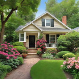 A charming, cozy home set in a tranquil suburban neighborhood lined with lush foliage and beautiful flowers