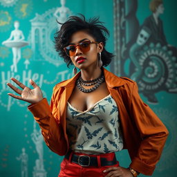 A confident woman exhibiting a bold presence, wearing a fashionable outfit that accentuates her strong personality