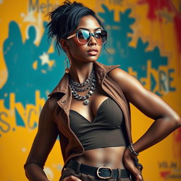 A confident woman exhibiting a bold presence, wearing a fashionable outfit that accentuates her strong personality
