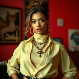 A confident woman exhibiting a bold presence, wearing a fashionable outfit that accentuates her strong personality