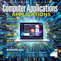 A vibrant and modern magazine cover for 'Computer Applications', featuring a high-resolution image of an ultra-sleek laptop displaying a colorful software interface