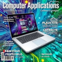 A vibrant and modern magazine cover for 'Computer Applications', featuring a high-resolution image of an ultra-sleek laptop displaying a colorful software interface