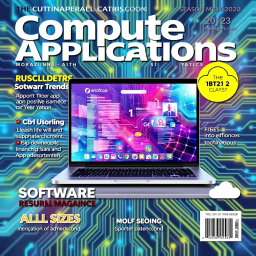 A vibrant and modern magazine cover for 'Computer Applications', featuring a high-resolution image of an ultra-sleek laptop displaying a colorful software interface
