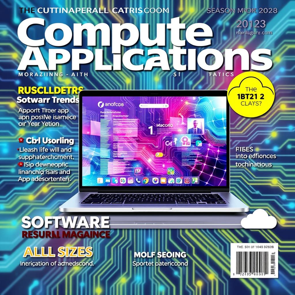 A vibrant and modern magazine cover for 'Computer Applications', featuring a high-resolution image of an ultra-sleek laptop displaying a colorful software interface