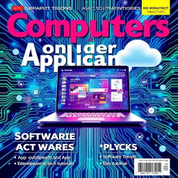 A vibrant and modern magazine cover for 'Computer Applications', featuring a high-resolution image of an ultra-sleek laptop displaying a colorful software interface