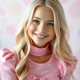 A sweet blonde woman wearing a soft pink latex outfit that accentuates her playful and charming personality